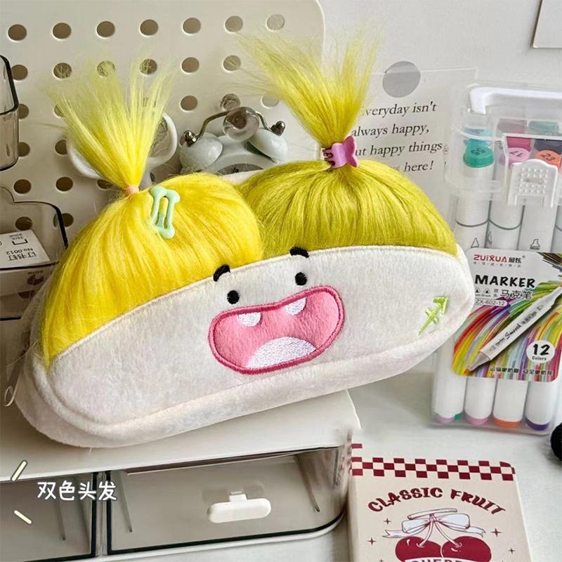 Diy Fluffy Hair Big Capacity Plush Pencil Bag Creative Cartoon Big Mouth Girl Pens Storage Case Portable School Stationery Gift
