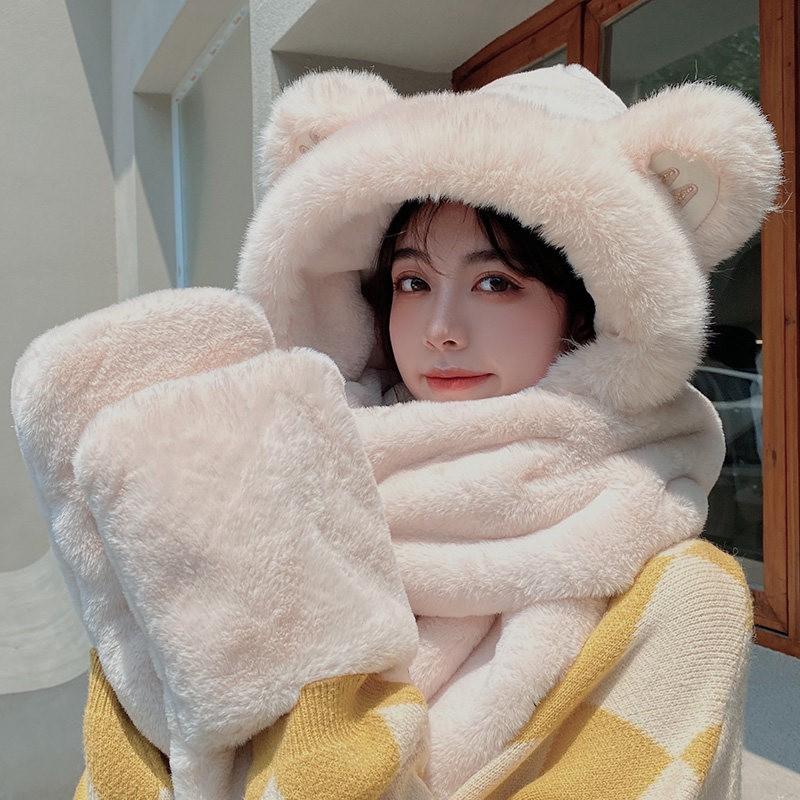 Womens Winter Knit Hooded Hat Scarf Combo With Ear Protection Cute Plush Warm Beanie Outdoor Walking Cycling