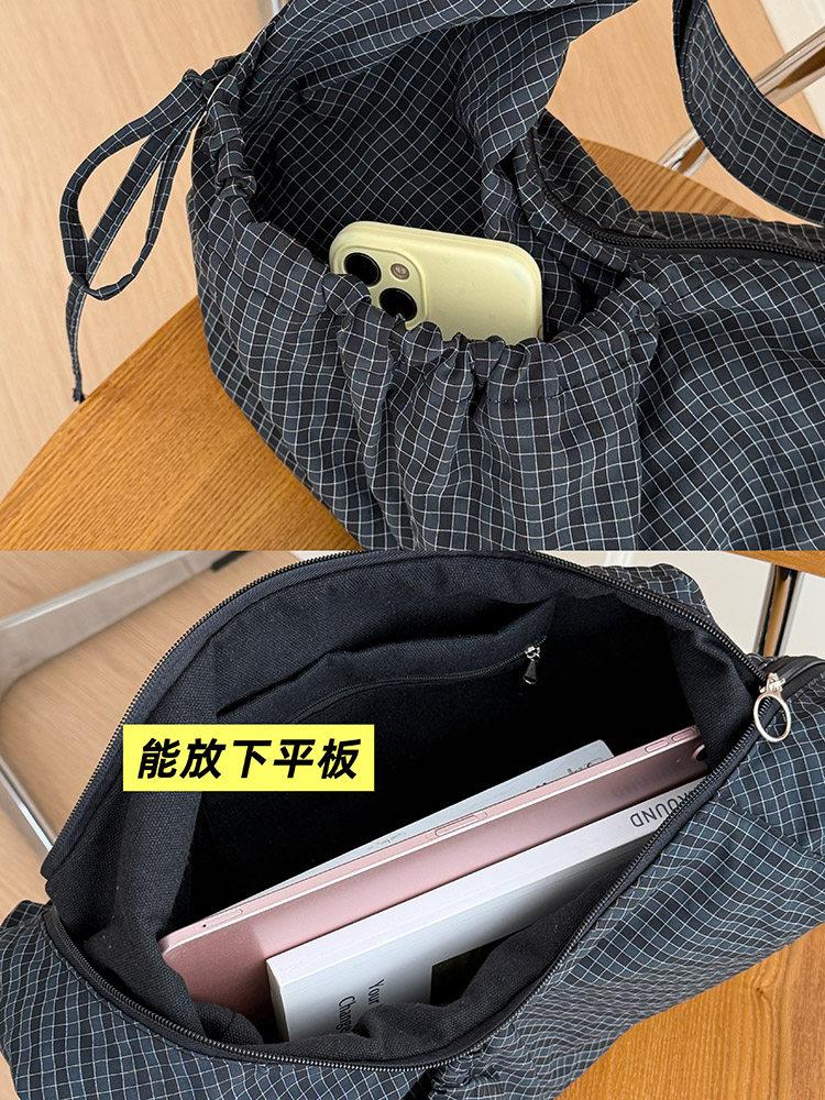 Checked Drawstring Bowknot Nyl Women's Shoulder Bags Casual Large Capacity Ladies Crossbody Bag Versatile Female Dumpling Bag
