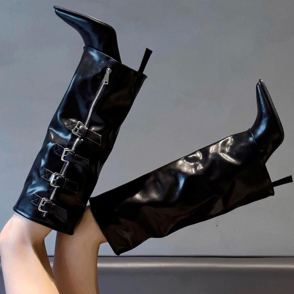 Pointed thin heel boots 2025 autumn new buckle thin high heel trouser boots niche versatile fashion boots women