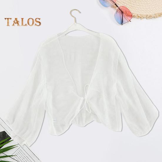 Dámský průhledný šifonový kardigan s předním zavazováním, průhledný, volný top elegantní šátek v retro stylu na dovolenou na pláž, denní nošení
