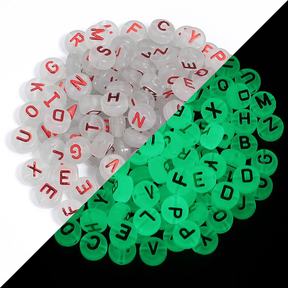 100pcs 10mm Acrylic Luminous Letter Beads Christmas Flat Round Loose Alphabet Beads For Jewelry Making DIY Bracelets Accessories