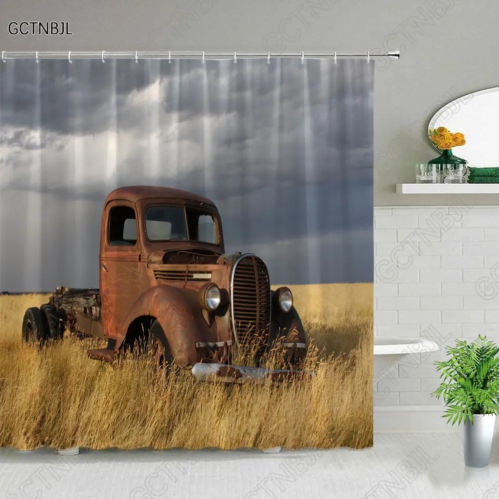 Antique Car Shower Curtain Vintage Classic Old Truck Car On Farm Field Retro Rustic Farmhouse Fabric Bathroom Decor Curtain Hook