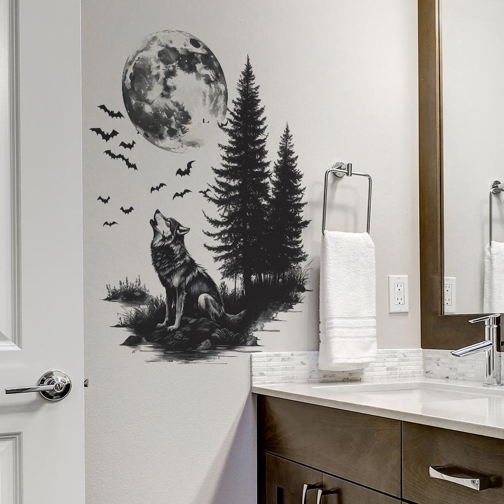 Powerful Lone Wolf Jungle Moon Bedroom Living Room Home Background Beautification and Decoration Wall Stickers