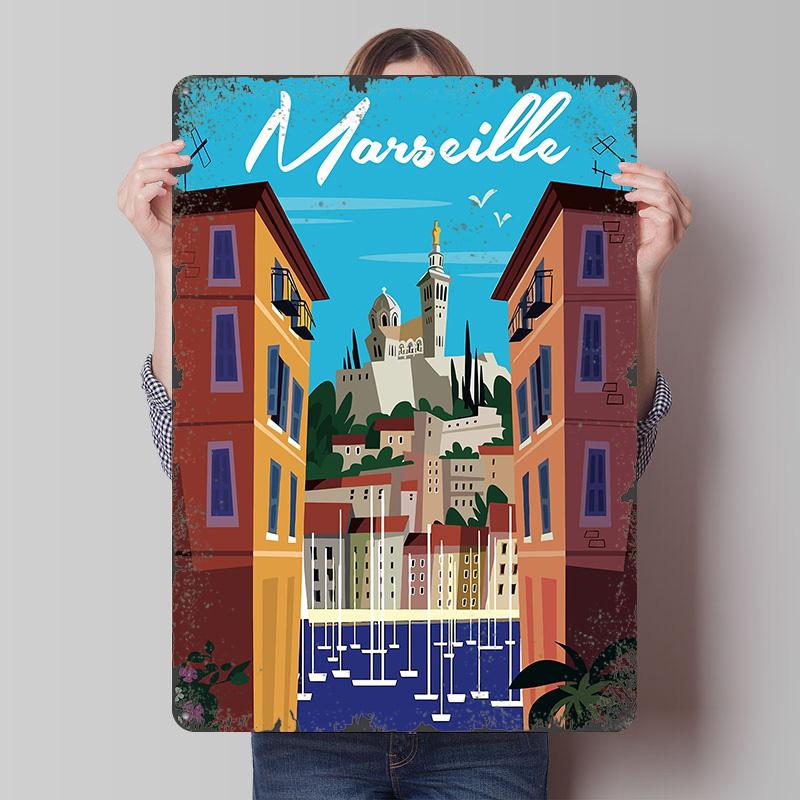

Marseille Travel Metal Poster Customized Wall Art Retro Vintage Tinplate Signs for Luxury Home Decor Items Decoration Garage 20x30cm（7.8x11.8inch）