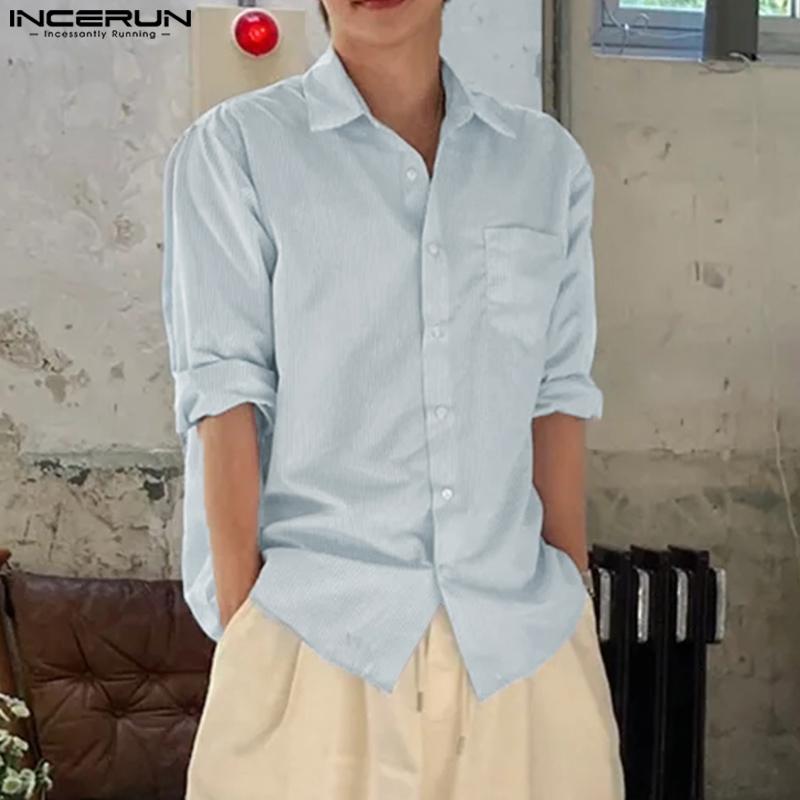 INCERUN Oversized Men Lapel Neck Long Sleeve Striped Casual Buttons Up Shirts