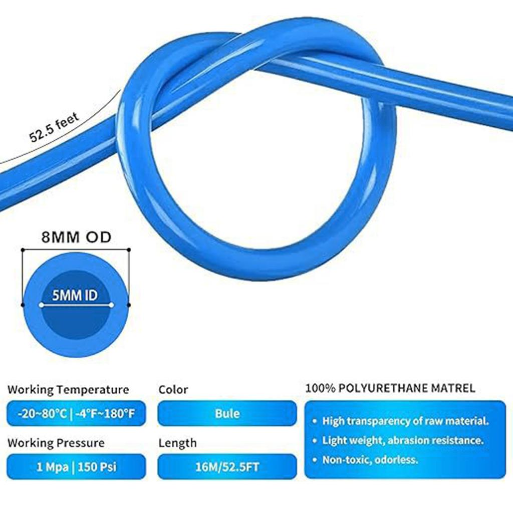 8mm   Hose and 2 Fittings High Pressure Flexible Tubing for Pneumatic System Fluid Transfer 20M Length