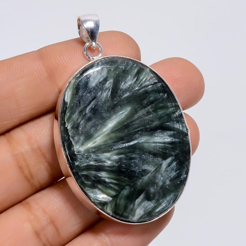 

Amazing Top Grade Qualite 100% Natural Seraphinite Oval Shape Ethnic Style Handmade Jewelry 925 Steling Silver Plated Pendant 2 WSJ-4940 2