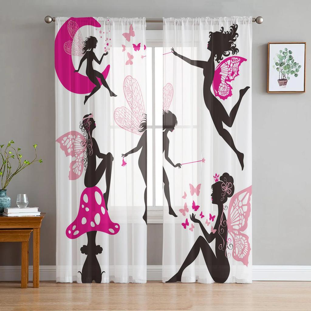 Forest Fairy Flower Butterfly Girl Tulle Curtains Living Room Bedroom Decor Chiffon Voile Kitchen Window Curtain Light Filtering For Made Of Polyester