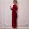 Women Elegant Long Sleeve Party Evening Velvet Bodycon Split Pencil Midi Dress 2022 Spring Autumn Clothes
