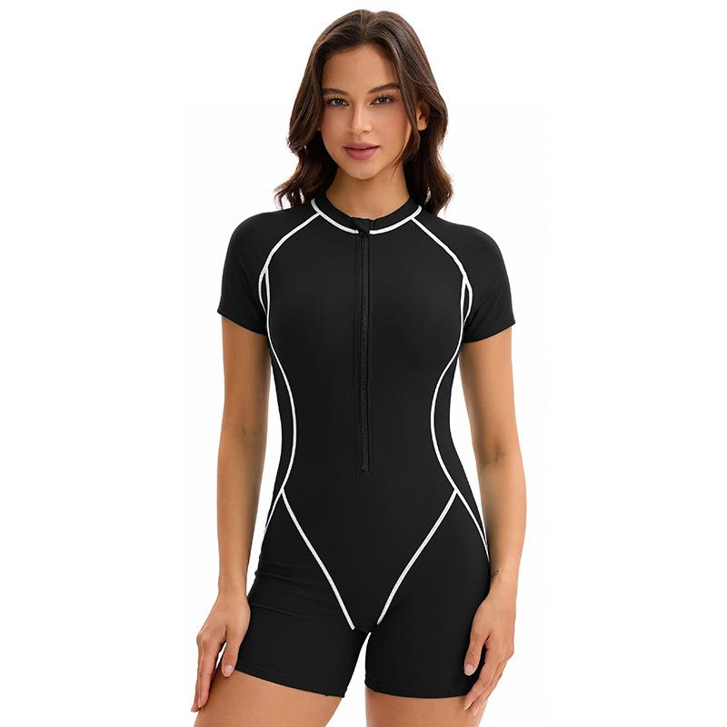 European and American short-sleeved sports swimsuit women's one-piece flat-angle surf suit sun protection zipper swimsuit