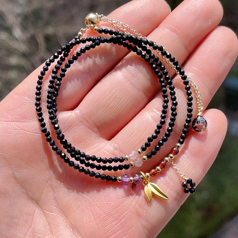Zwarte toermalijn, zwarte spinel, zwarte toermalijn, originele armband met drie cirkels, verstelbare armband.