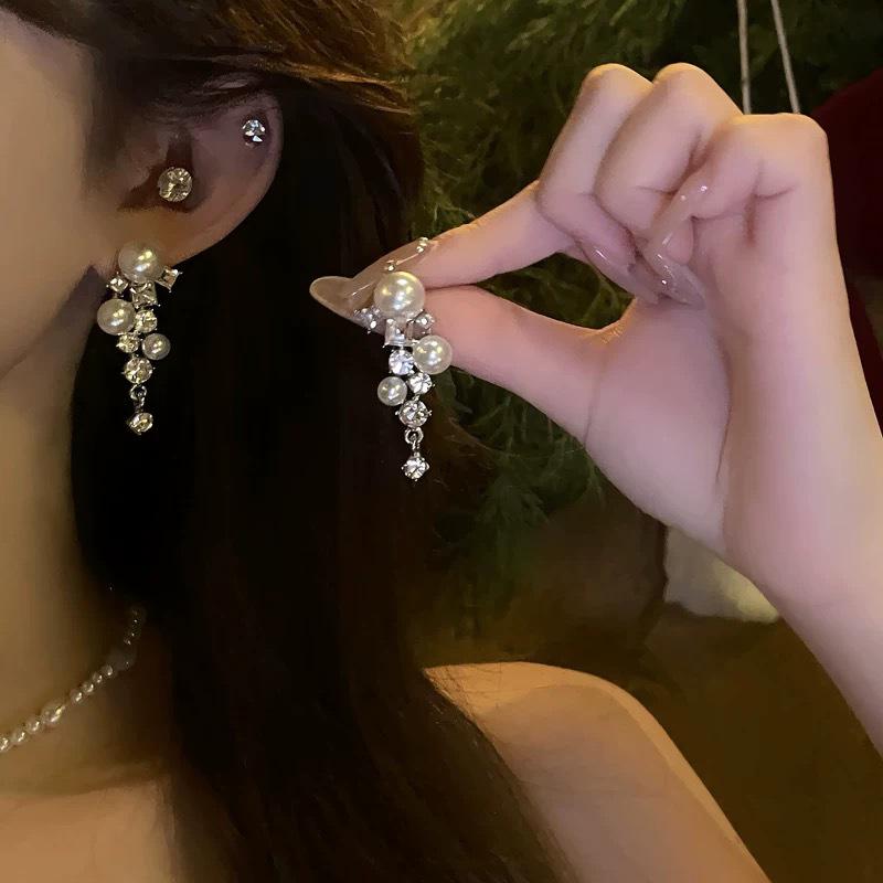 French Silver Needle Geometric Pearl Tassel Earrings - Luxurious Fashion Earrings with High-End Design