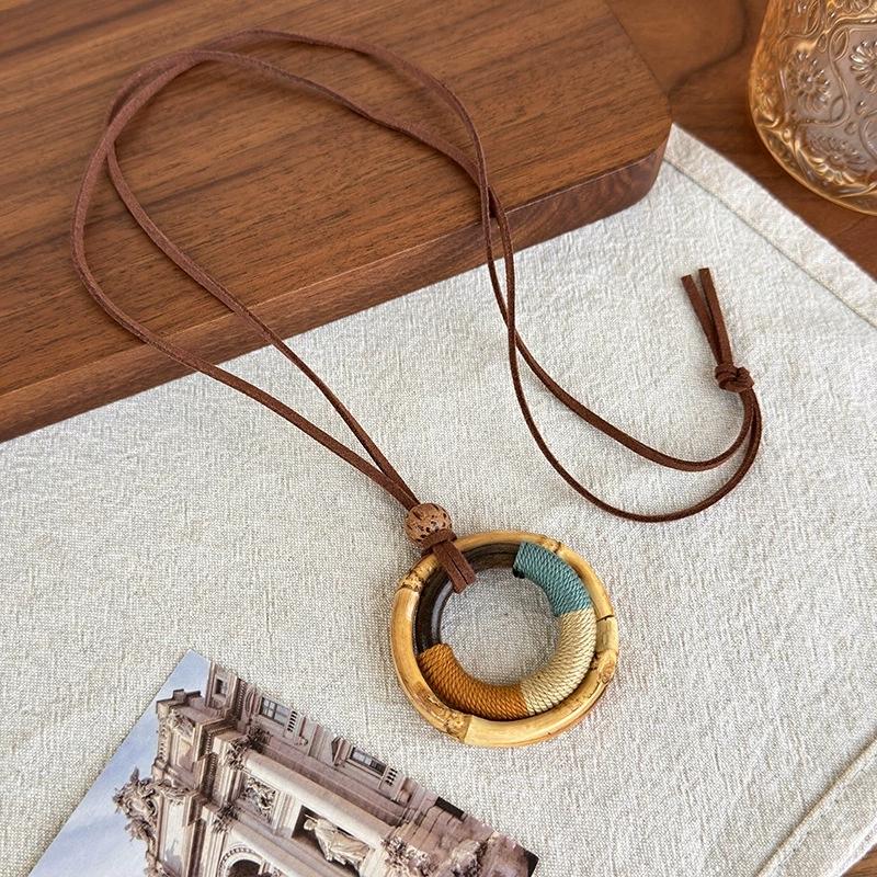 Trendy Boho Hol Hout Dikke Geometrie Bamboe Gewricht Hanger Lang Verstelbaar Koord Trui Ketting Ketting Voor Vrouwen Bedels Sieraden