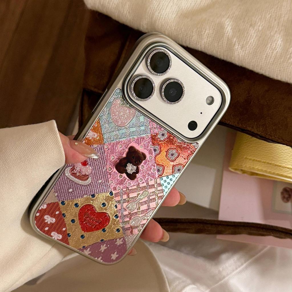 Compatible Glitter Small Bear Phone Case for iPhone 12/13/16/17 Pro Max, with Mirror and Electroplated Spring Patchwork Design