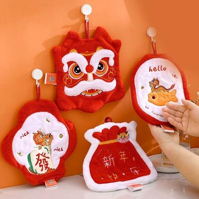 NEW Chinese New Year Quick-drying Hand Towel Cartoon Red Handkerchief Rich Lucky Bag Hanging Towels Bathroom Kitchen