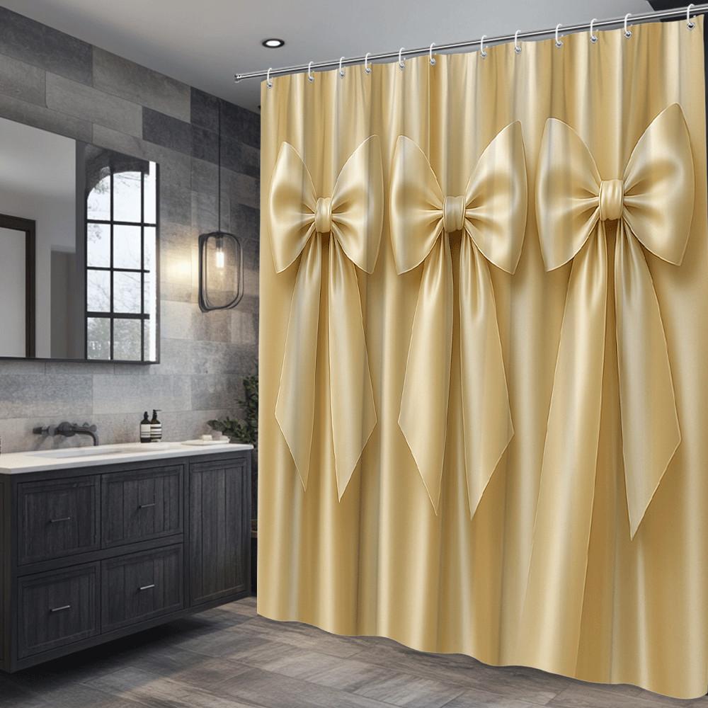Golden Bow Shower Curtain Elegant Satin Ribbon Design Luxury Bathroom Decor Waterproof Easy To Install Elevate Your Space