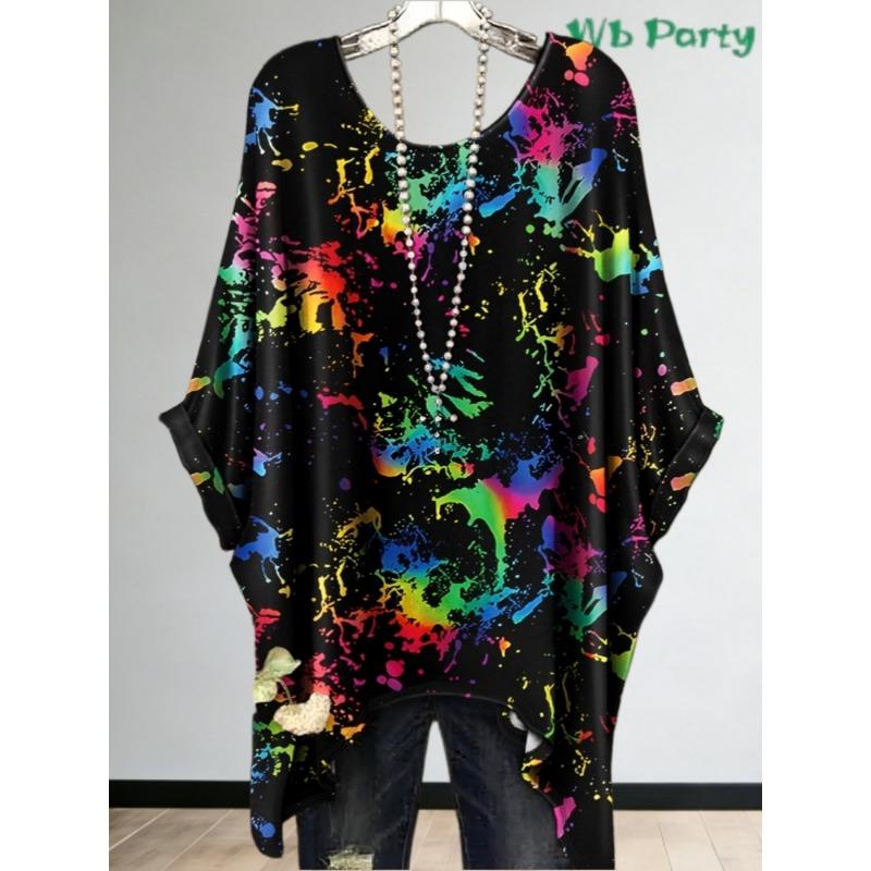 Chic Women T-Shirts Oversized Simple Vintage Floral Print Irregular Hem Round Neck T-Shirt