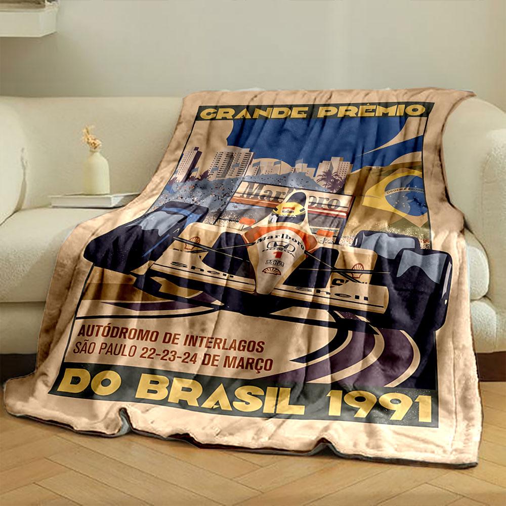 Vintage Brazil Grand Prix 1991 F1 Poster Multicolor Cozy Blanket, Silky Soft Blanket for Restful Sleep, Durable Warm Throw for Outdoor Fun