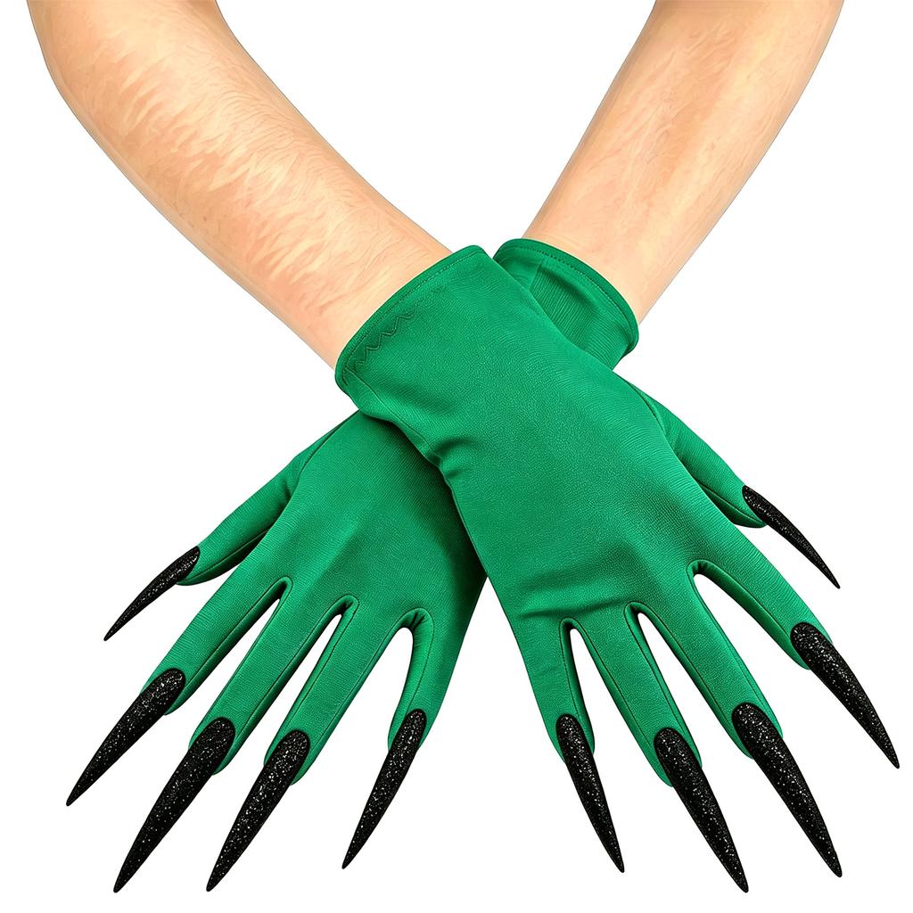 Dark Gloves with Long Nails for Halloween Witch Party, Short Stretch Fit