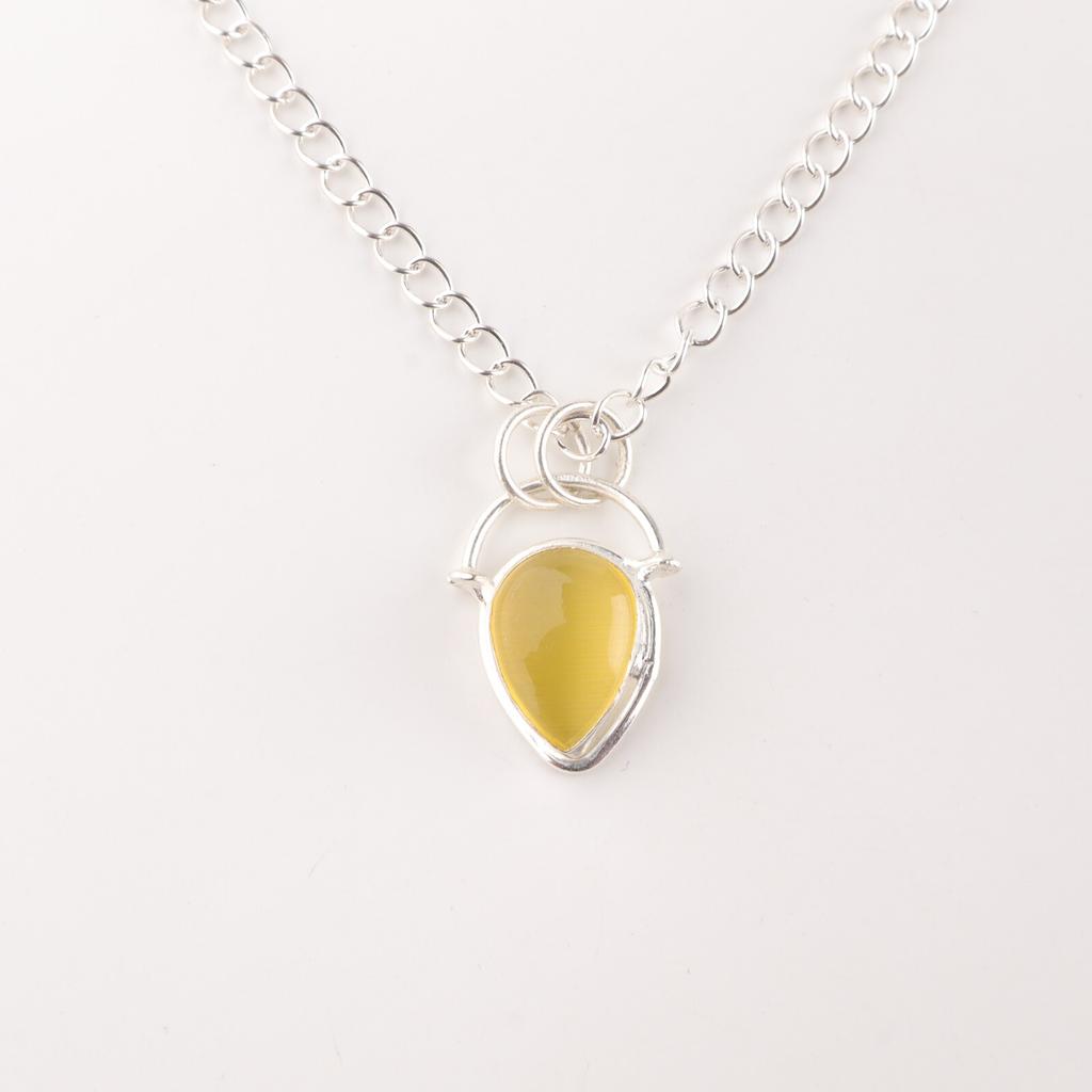 Yellow Cat's Eye Gemstone 925 Sterling Silver Jewelry Tiny Pendant Birthday Gift PP-56-42