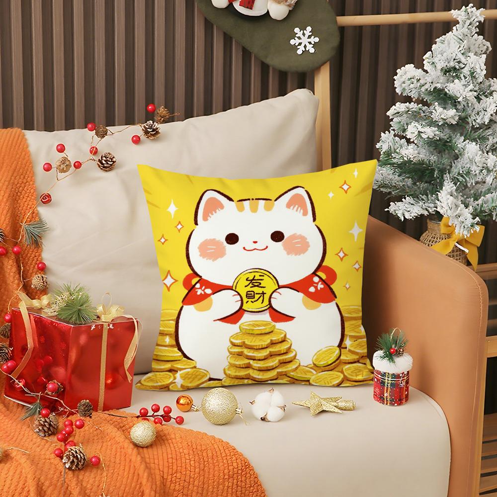 Rich Luck Money Cat Pillow Case Living Room Sofa Decorative Cushion Cover Simple Household Light Luxury Printed Pillow