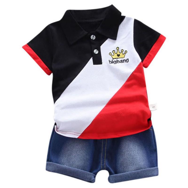 Baby gutter kortermet krone patchwork mønster T-skjorte bluse+denim shorts