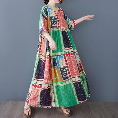 Plus Size Loose Women's Retro Bohemian Plaid Cotton Linen Dress Round Neck Large Size Casual Long Dress for Women