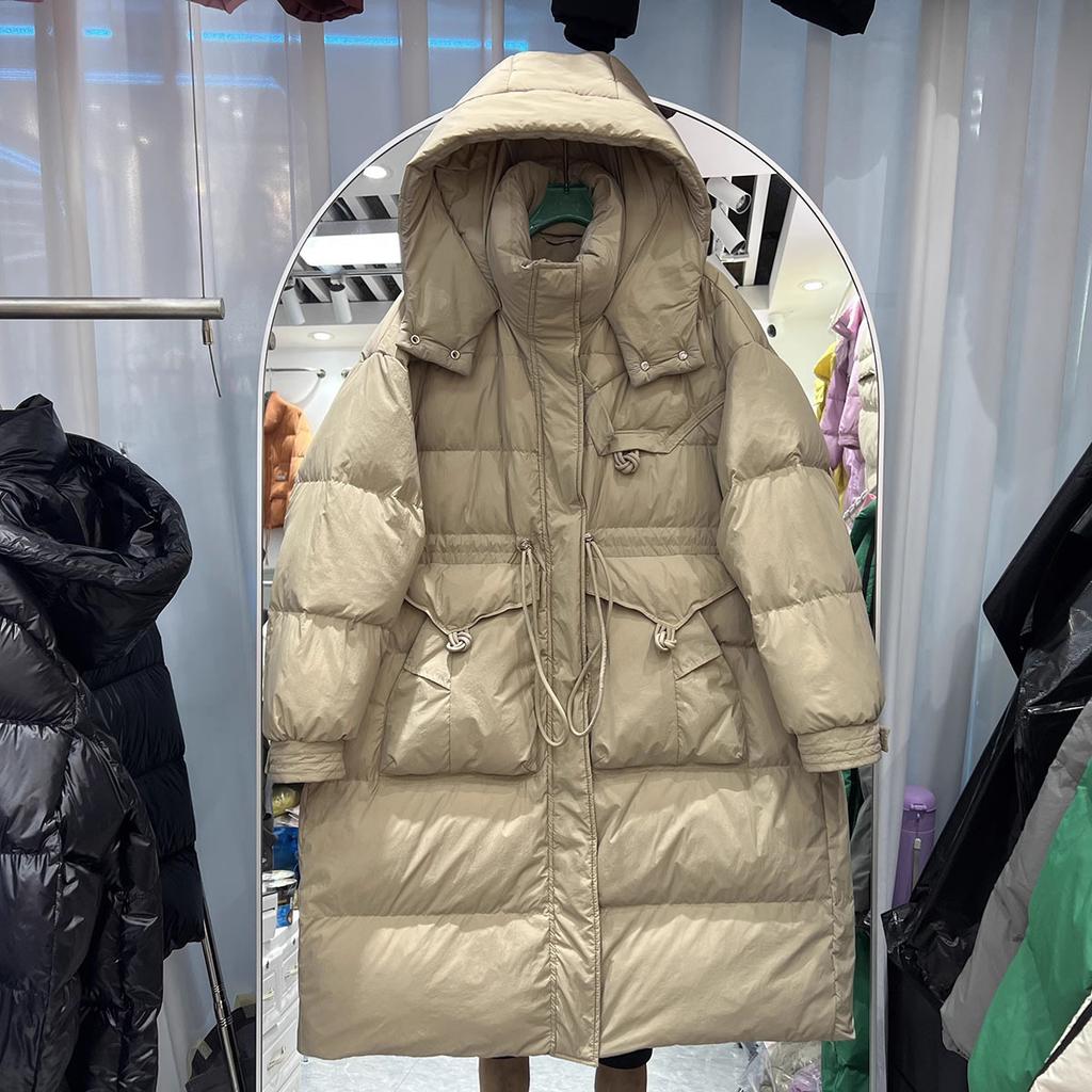 Winter new product loose hooded white duck down jacket women's thickened long waist thin button large size coat