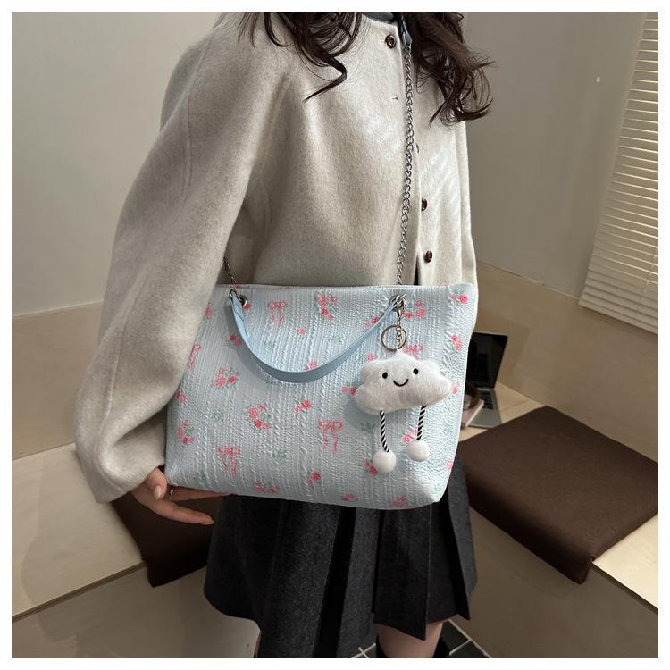 Sweet Bow Floral Shoulder Bag for Women Large Capacity Tote Crossbody Bag College Students Handbag