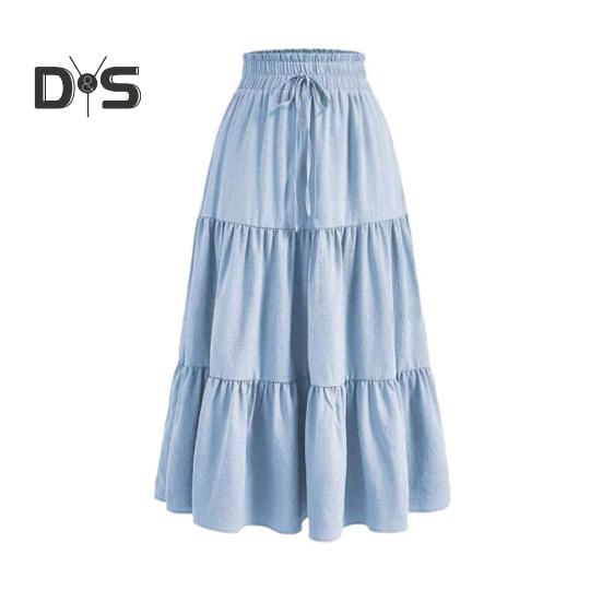 

Женская юбка макси с эластичной талией, регулируемой завязкой, оборкой, прострочкой, длиной до щиколотки, однотонная дышащая длинная юбка А-силуэта S светло-синий
