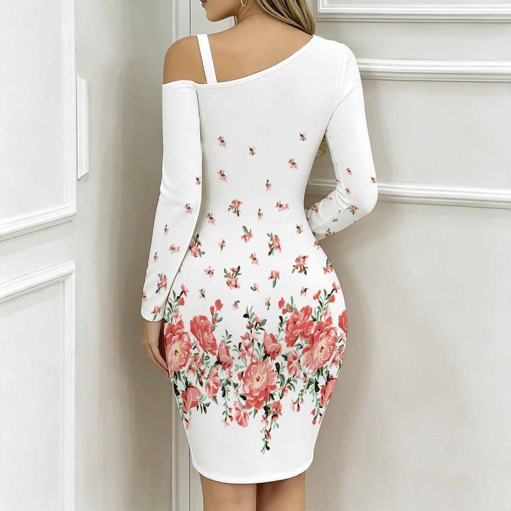 Women Plus Size Asymmetric Cold Shoulder White Red Vintage Floral Print Wrap Bodycon Midi Dress