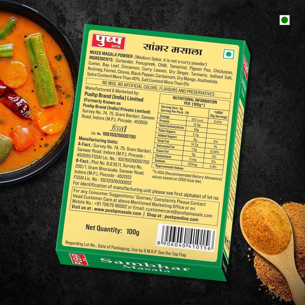 Pushp Sambhar Masala Powder 100g Pack Of 1 Traditional South Indian Spice Blend For Authentic Homemade Taste And Aroma
