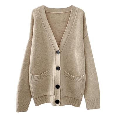 Einfarbige Strickjacke mit V-Ausschnitt für Damen für Frühling und Herbst