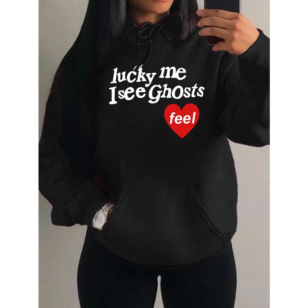 Glücklich ich sehe Geister Kunst Buchstabenmuster Damen Hoodie Herbst Mehrfarbig Hoodies Streetwear Fleece Tasche Kapuzenpullover