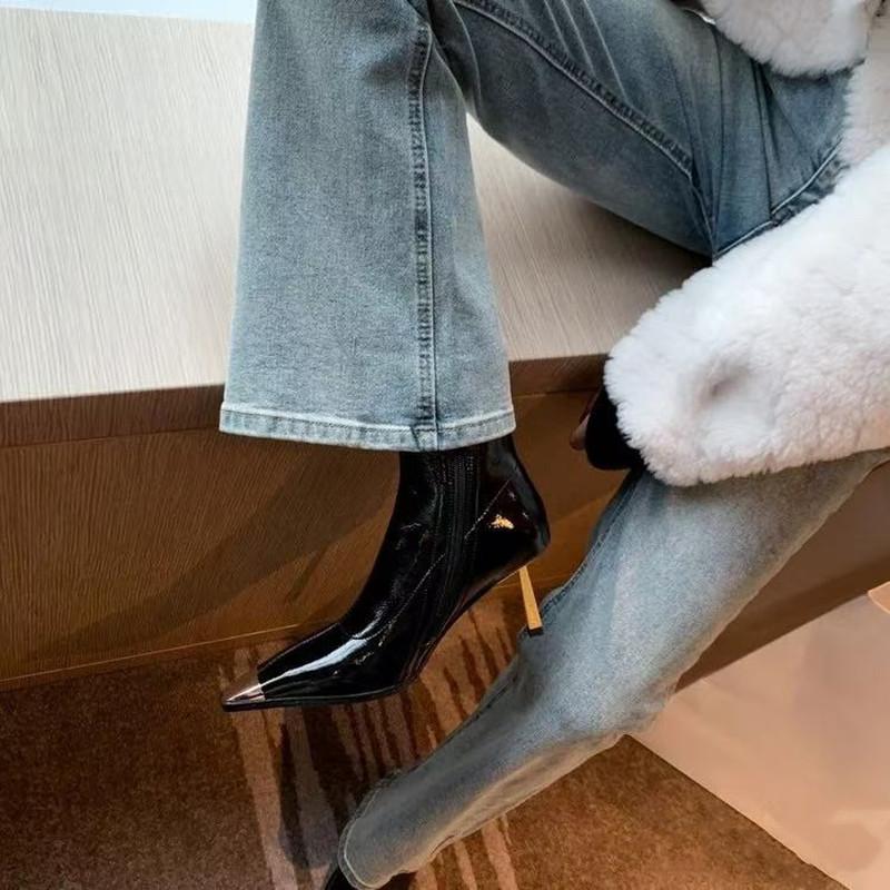 Fashion Star style Fashion Patent Leather Metal Square toe Women Ankle Boots Autumn Winter Stiletto High heels Chelsea Short Boots Shoes