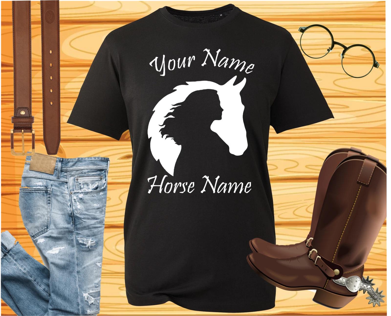 Personalised Your & Horse Name Equestrian Horse T-Shirt Kids Gift Unisex Tee Top S