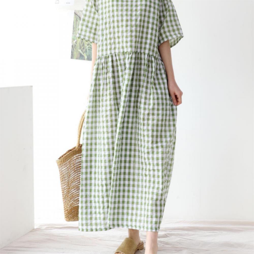 New Arrivals Open Run Women Loose Fit Check Pattern Short Sleeve Long Dress Cotn
