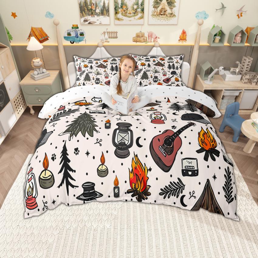 Homewish Music Theme Duvet Cover Set 2pcs/3pcs, Musical Guitar Bedding, Cartoon Instruments Print Bed Set