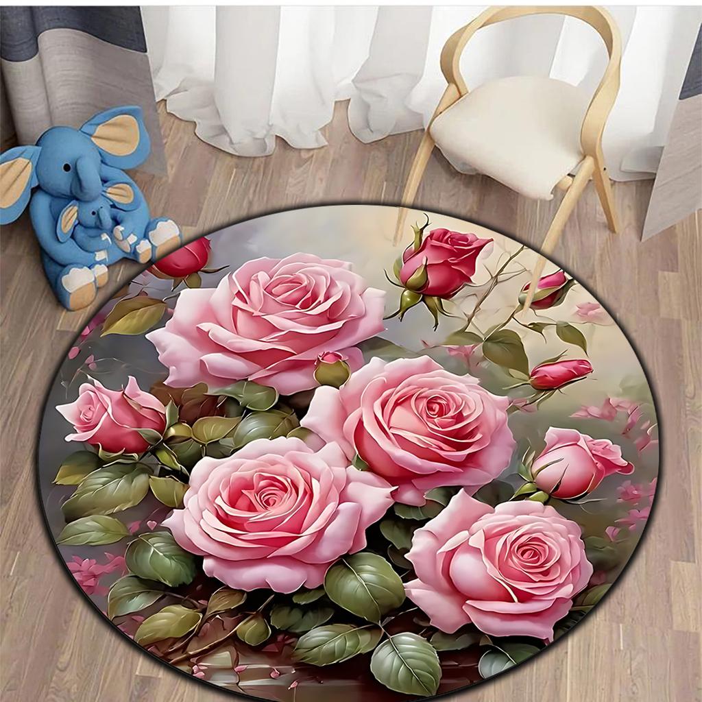 1pc Elegant Rose-Themed Circular Area Mat, Washable Polyester Floor Mat with Lush Floral Design for Living Room, Bedroom, Kitche