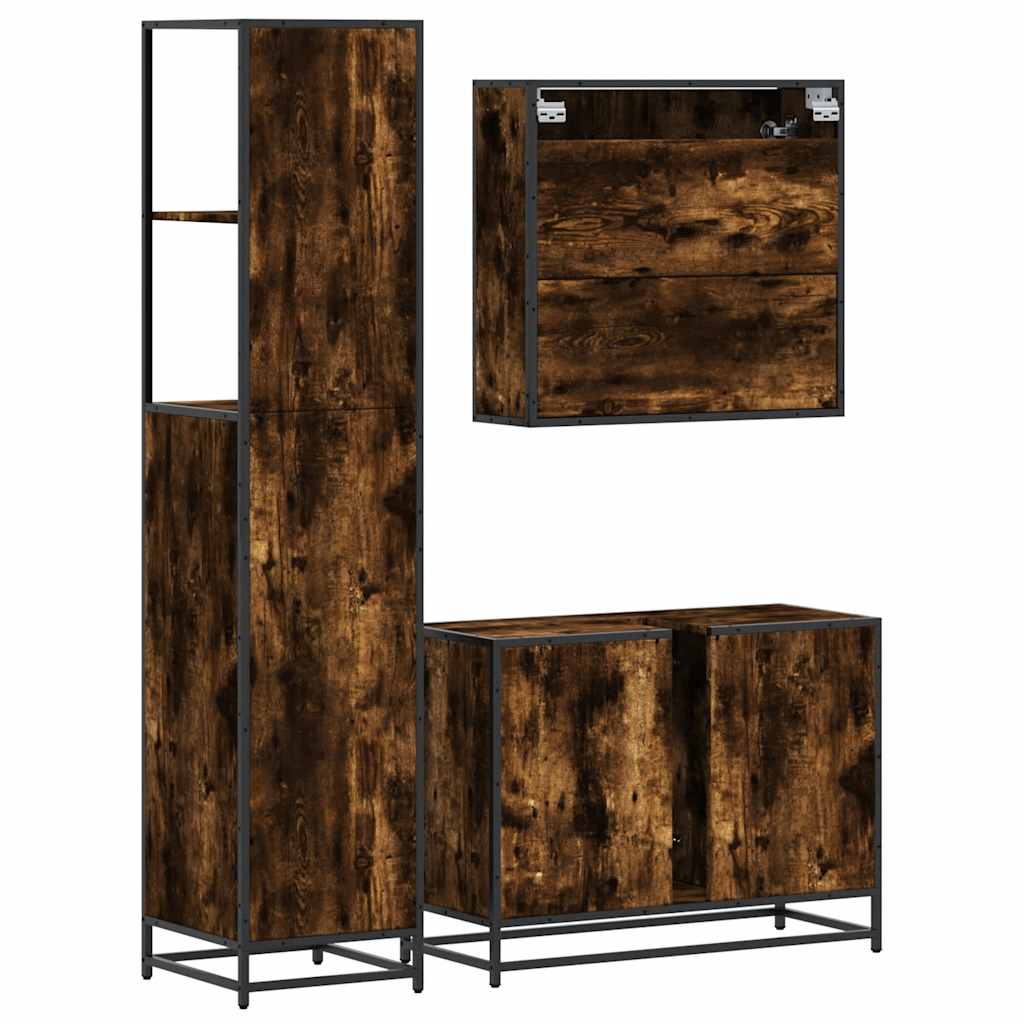 3 Piece Bathroom Furniture Set Smoked Oak Wood Based Material