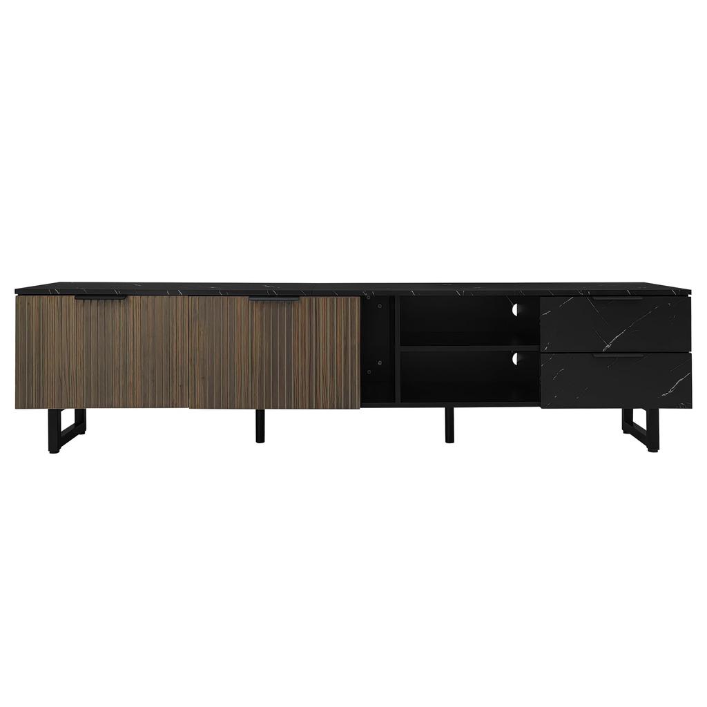 TV Cabinet, with LED Lighting, Marble Look & Wood Grain Doors, 2 Doors & 2 Drawers, Modern Lowboard for Living Room