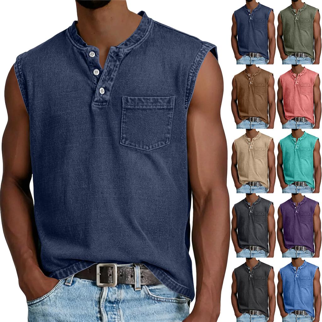 Canotta da uomo senza maniche in cotone con tasca, vestibilità casual rilassata, stile Henley, maglia sportiva per muscoli, per l'uso quotidiano