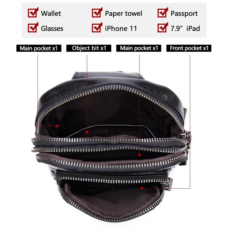 Mans 100% Genuine Leather Sling Bag Men Messenger Bags for Men Black Chest Bags for Phone Casual Sport Shoulder Bag