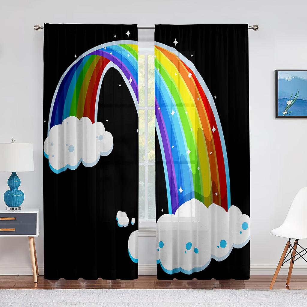 Fluffy Clouds and Rainbow Sky Tulle Curtains for Living Room Kids Bedroom Decoration Chiffon Sheer Voile Window Curtain Drapes