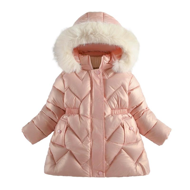 Winter Spring Boys Girls Jacket Solid Color Lining Plush Thick Warm Glossy Waterproof Hooded Parka for 4-10 Years Girls