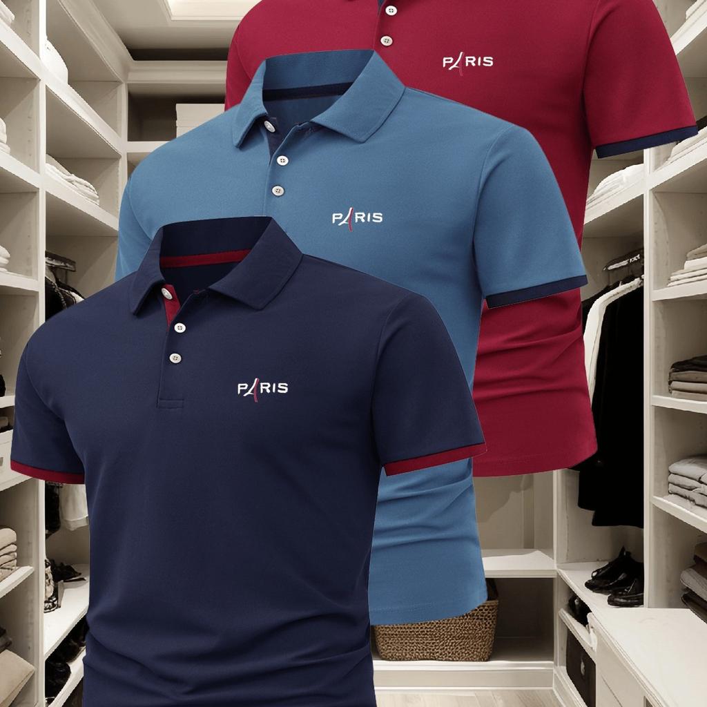 3Pcs Set Men's Polo Shirt, Fashionable Business Casual Lapel, Comfortable Summer Breathable Short Sleeve Lapel Polo Shirt Top, Gift