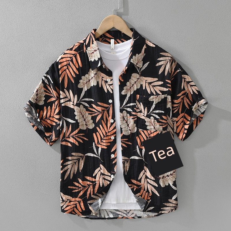 Summer Sun Protection Ice Silk Linen Short-Sleeved Shirt Men's Casual Hawaiian Print Cotton and Linen Shirt Quick-Drying and Lightweight