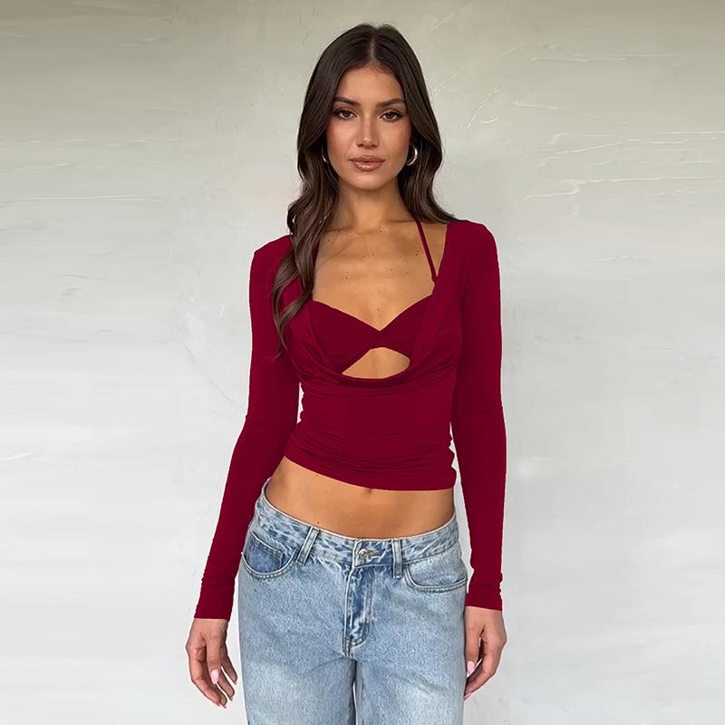 European and American ins style women's clothing autumn new fashion sexy spice girl hanging neck with open navel long-sleeved top