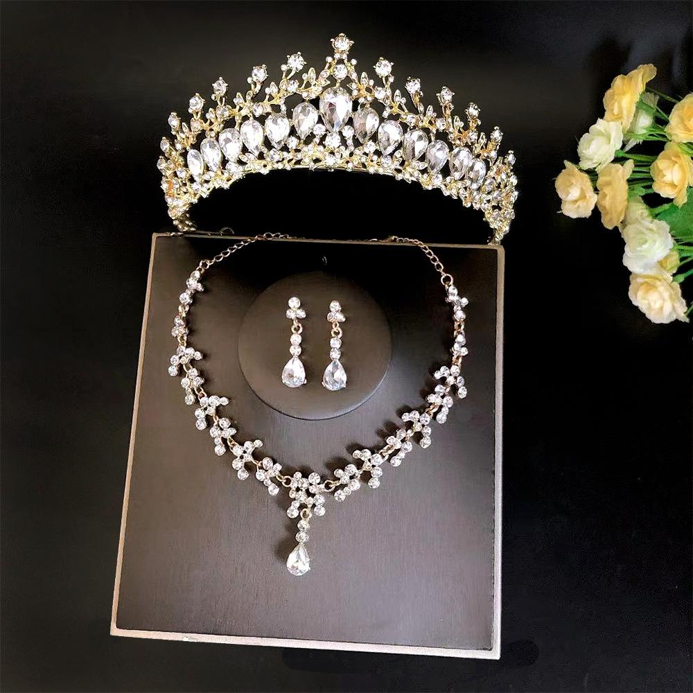 Simple Bridal Jewelry Three piece Set Wedding Crown Tiara Necklace Earrings Korean Super Fairy Wedding Dress Accessories